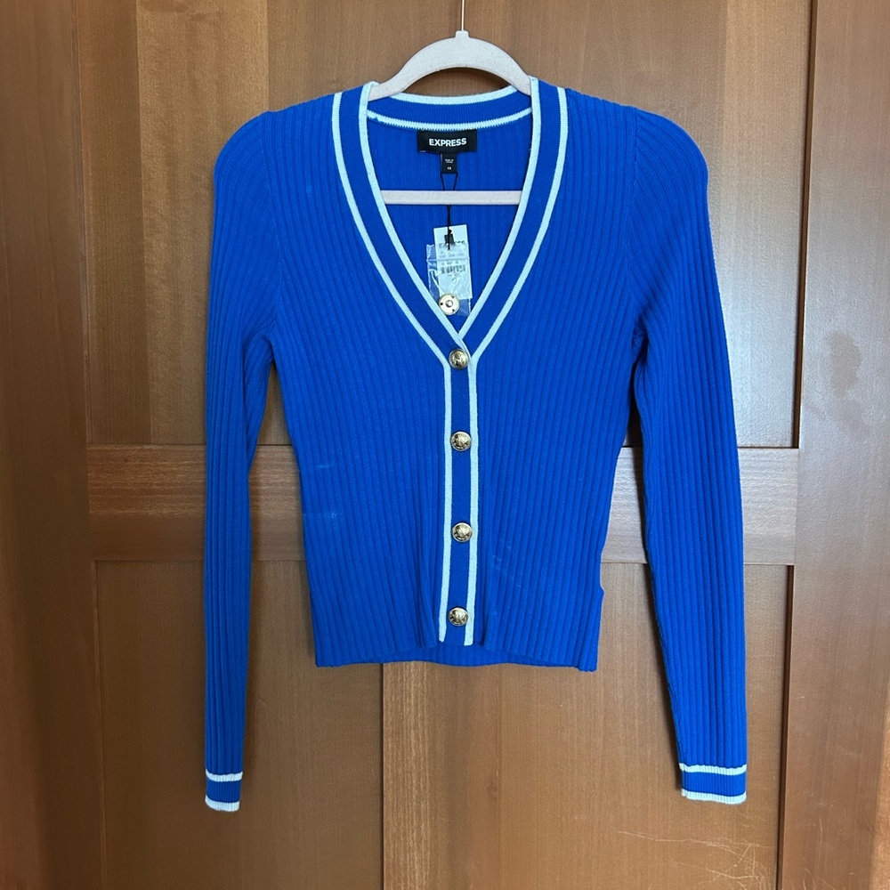Express Blue and White Cardigan Sweater V-Neck Fitted
